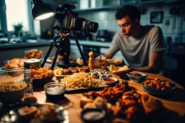 Mukbang content creation: A man sits at a table, recording himself eating a spread of dishes, including spaghetti, rolls, fries, and chicken wings for his online audience