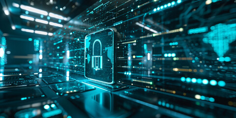 Obraz premium A banner with a futuristic screen cyber security wall with codes. Protection from cyberattacks. Copy space.