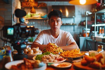 Mukbang enthusiast records a video while enjoying a feast of dishes, from spaghetti to chicken wings, reflecting the thriving food video trend on social media - obrazy, fototapety, plakaty