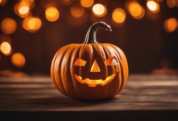 Halloween pumpkin on table wood with light orange bokeh background halloween background concept