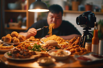 Online mukbang trend: A man films himself indulging in various foods like spaghetti, rolls, fries, and chicken wings, contributing to the popular food video culture - obrazy, fototapety, plakaty