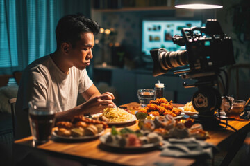 Mukbang content creation: A man sits at a table, recording himself eating a spread of dishes, including spaghetti, rolls, fries, and chicken wings for his online audience