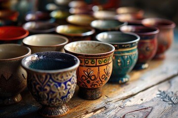 Colorful ceramic mugs and bowls, highlighting the rich artistic tradition and craftsmanship of the region's pottery - obrazy, fototapety, plakaty