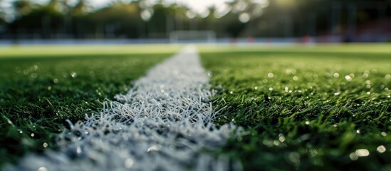 Close-up of artificial surface with white line on detailed green soccer field. - obrazy, fototapety, plakaty