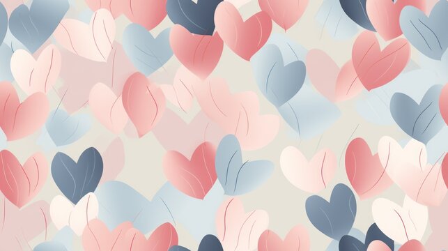  a bunch of hearts that are flying in the air with leaves on the bottom of the image and on the bottom of the image is a pink, blue, red, blue, pink, and gray, and white background.