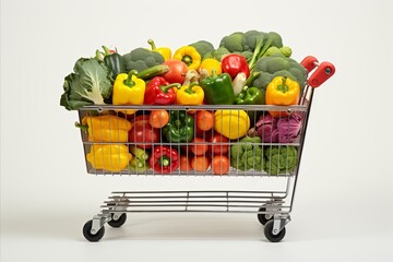 vibrant assortment of fresh fruits and vegetables in fully stocked supermarket shopping cart