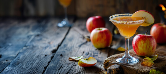 Caramel apple martini on a wooden table with ripe apples with copy space