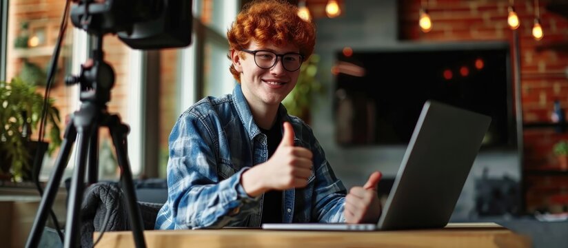 Happy ginger teenager influencer recording blog, talking to camera on tripod, seated at table with laptop. Smiling teen displaying thumbs up.