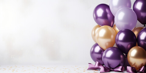 Birthday party banner violet and gold composition with balloons, confetti, concept giftcard, copy space, white background