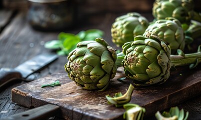 Obraz premium Fresh artichokes on a rustic wooden board with a knife.