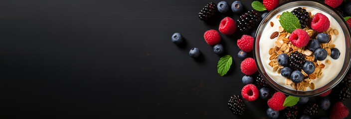 delicious cream with fresh fruits and nuts on a black background. - obrazy, fototapety, plakaty