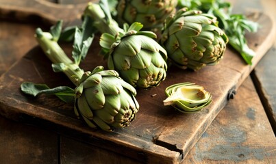 Tasty fresh artichokes on a rustic wooden board ready to be chopped.