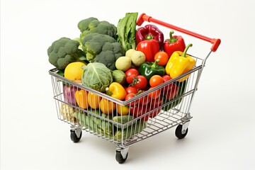 Vibrant assortment of fresh produce in fully stocked supermarket cart on white background