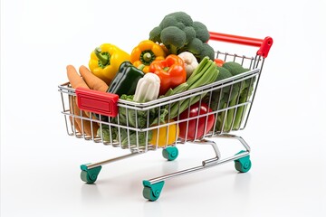 Fresh fruits and vegetables in fully stocked supermarket cart, isolated on white background