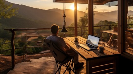 Outdoor remote work with mountain view, man on phone and laptop in backyard house with 5g internet