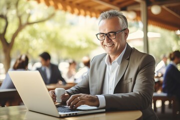 Successful asian businessman typing on laptop in cafe, remote work and freelance concept.