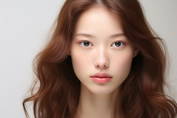 Fototapeta premium Pretty young Asian woman without makeup with brunette hair in front of white background