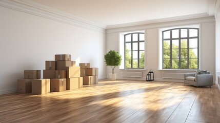 Moving to new home  donation concept with stacked cardboard boxes and a content cat in box