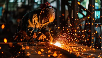 Welder at work in industrial setting with sparks flying