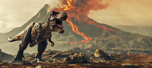 Tyrannosaurus Rex dinosaur before volcanic eruption with copy space - obrazy, fototapety, plakaty