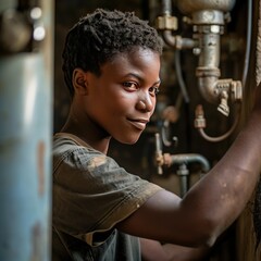 Young African mechanic working with equipment