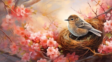  a painting of a bird sitting on top of a nest on a tree branch with pink flowers in the background.