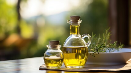 organic homemade olive oil on blurred defocused background with space for text placement