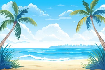 banner template featuring a tropical beach scene with clear blue skies and palm trees 