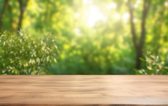 Empty wooden table top with a view of the green tree