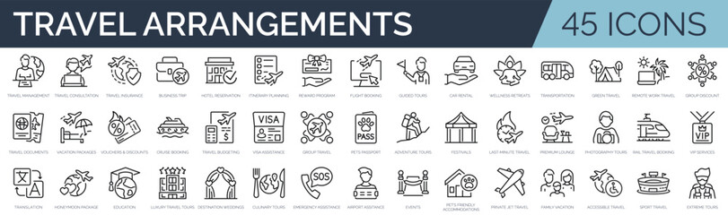 Set of 45 outline icons related to travel arrangement. Linear icon collection. Editable stroke. Vector illustration