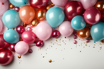 Festive party banner concept colored composition with balls, confetti, glitter giftcard copy space white background