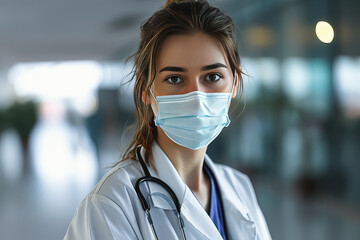mujer doctora portando mascarilla quirúrgica, bata blanca y estetoscopio sobre fondo desenfocado de pasillo de hospital - obrazy, fototapety, plakaty