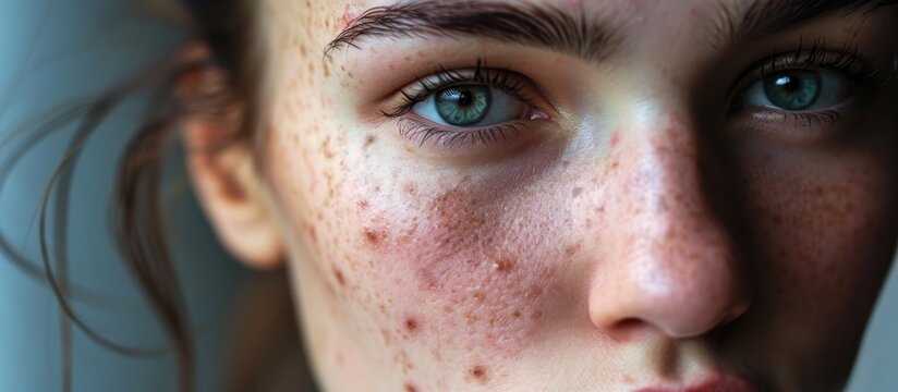 Woman's facial skin experiences issues such as acne and scars.