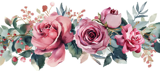 A watercolor floral border with pink roses and green leaves, ideal for wedding and greeting cards. isolated on a transparent background