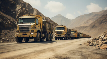 Convoy of Heavy Trucks on a Sandy Road Between Mountains