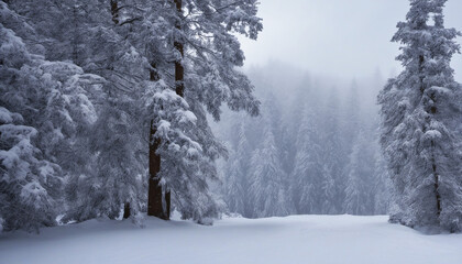 Snow-covered forest with snowfall and scenic Christmas landscape