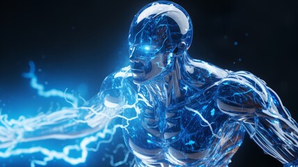 High-tech robot with blue energy in the form of lightning, AI