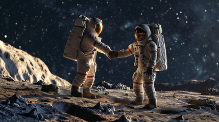 Lunar solidarity: spacemen unite in a handshake of cosmic friendship