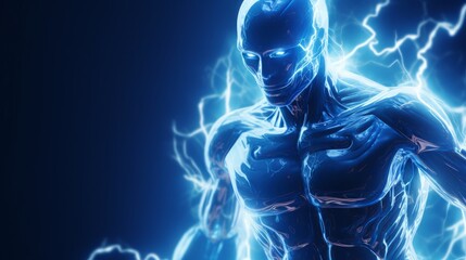 High-tech robot with blue energy in the form of lightning, AI