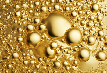 Shimmering gold liquid with bubbles on golden backdrop