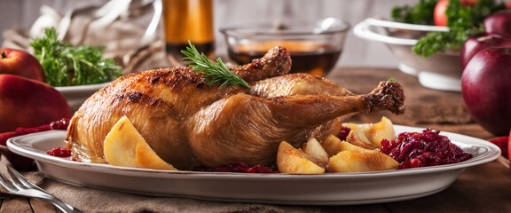Roast goose with baked apples, red cabbage and dumplings - obrazy, fototapety, plakaty