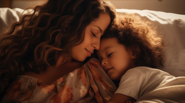  Portrait of Affectionate Hispanic Mother Leaning Down to Kiss her Baby who is Resting on a Bed. Woman Expressing her Motherly Love to her Infant, generative ai.