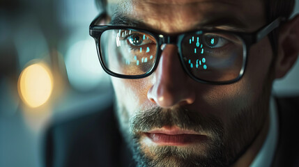 portrait of a pensive and worried bearded businessman with a reflection of a computer screen in his glasses - 703005508