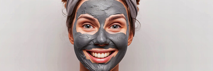 portrait of a young smiling woman wearing a face mask made of  gray clay