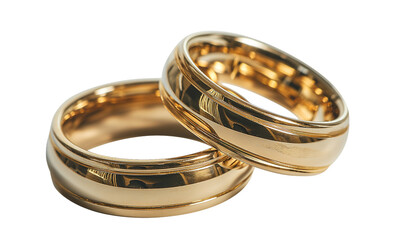 Two shining gold wedding rings symbolizing love and marriage, ideal for celebrations related to engagements or anniversaries, isolated on a transparent background