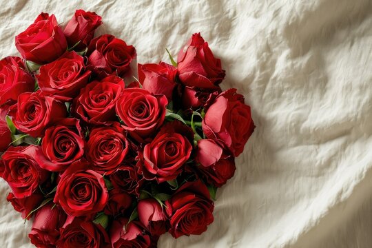 A bouquet of red roses arranged in a heart shape on a white linen background, a traditional Valentine's symbol with copy-space for romantic verses.