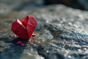 A delicate origami heart placed carefully on a smooth stone surface, a minimalist and artistic setting for profound and thoughtful love messages copy-space
