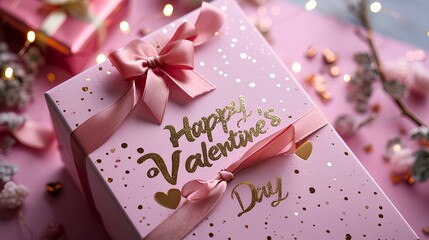 A pretty gift box on a pink background. on the box says Happy Valentine's Day text in gold letters. generative AI