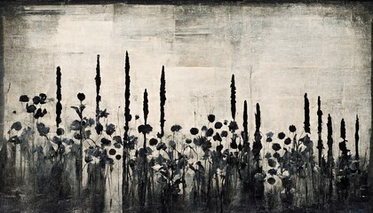 Generative AI, Black watercolor abstract painted flowers on vintage background. Ink black street graffiti art on a textured paper, washes and brush strokes..	
