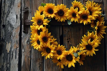 A heart-shaped wreath made of bright yellow sunflowers on a barn door, a cheerful and sunny Valentine's background with copy-space for optimistic love messages.